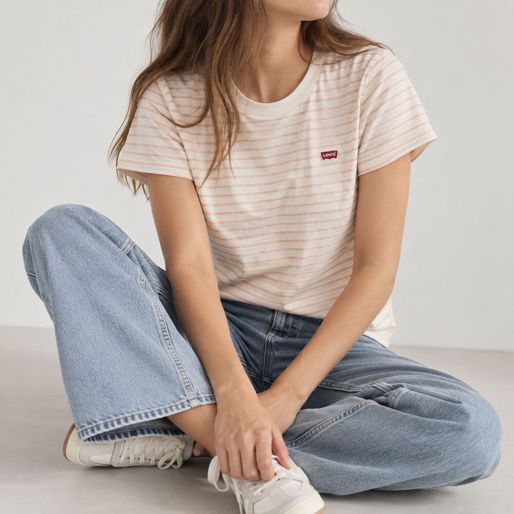 Levis Women XXL Striped T Shirt Cream Peach Beige Logo Crew Neck Casual Tee